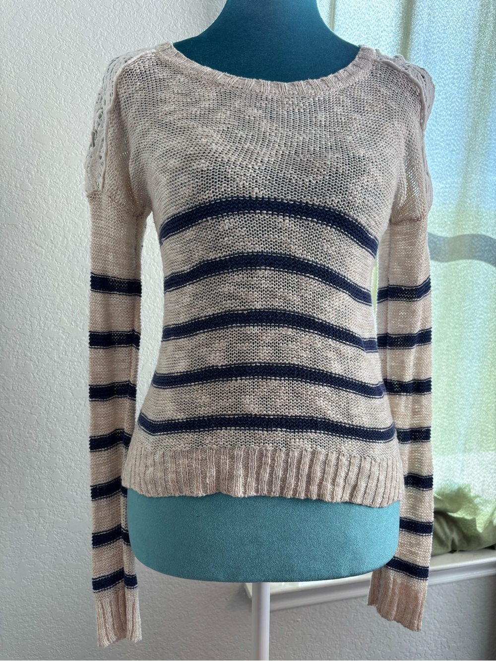 Oh My Gauze! Beige and Navy Striped Lightweight Knit Pullover
